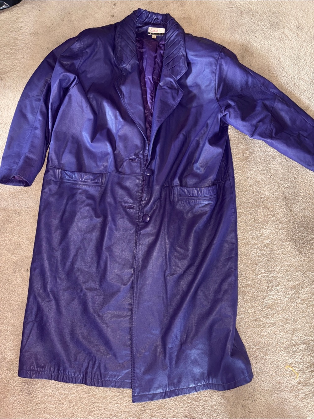 Women's Purple Leather Long Coat - Classic Button-Front Design